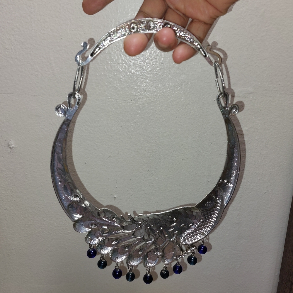 Bohemian Peacock Bird Silver Tone Chunky Bib Statement Collar Necklace - Picture 6 of 6